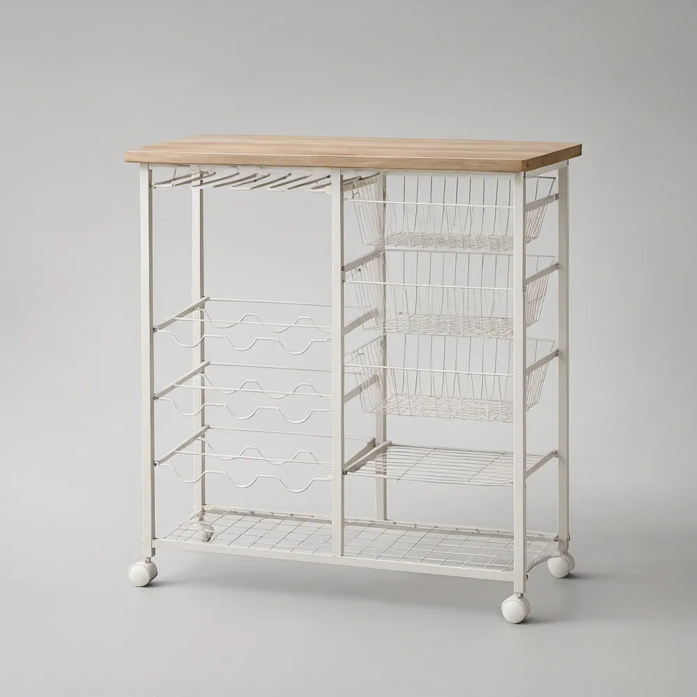 Carrinho de Cozinha com Rodas 76 x 45 x 91 cm em Aço Branco e Bambu Natural