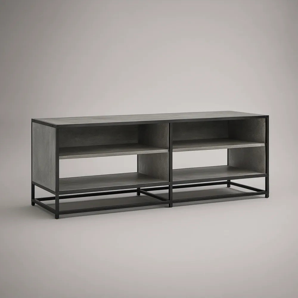 Móvel de TV Retangular com 4 Nichos em MDF e Aço Cinzento-escuro e Preto 140 x 40 x 60 cm