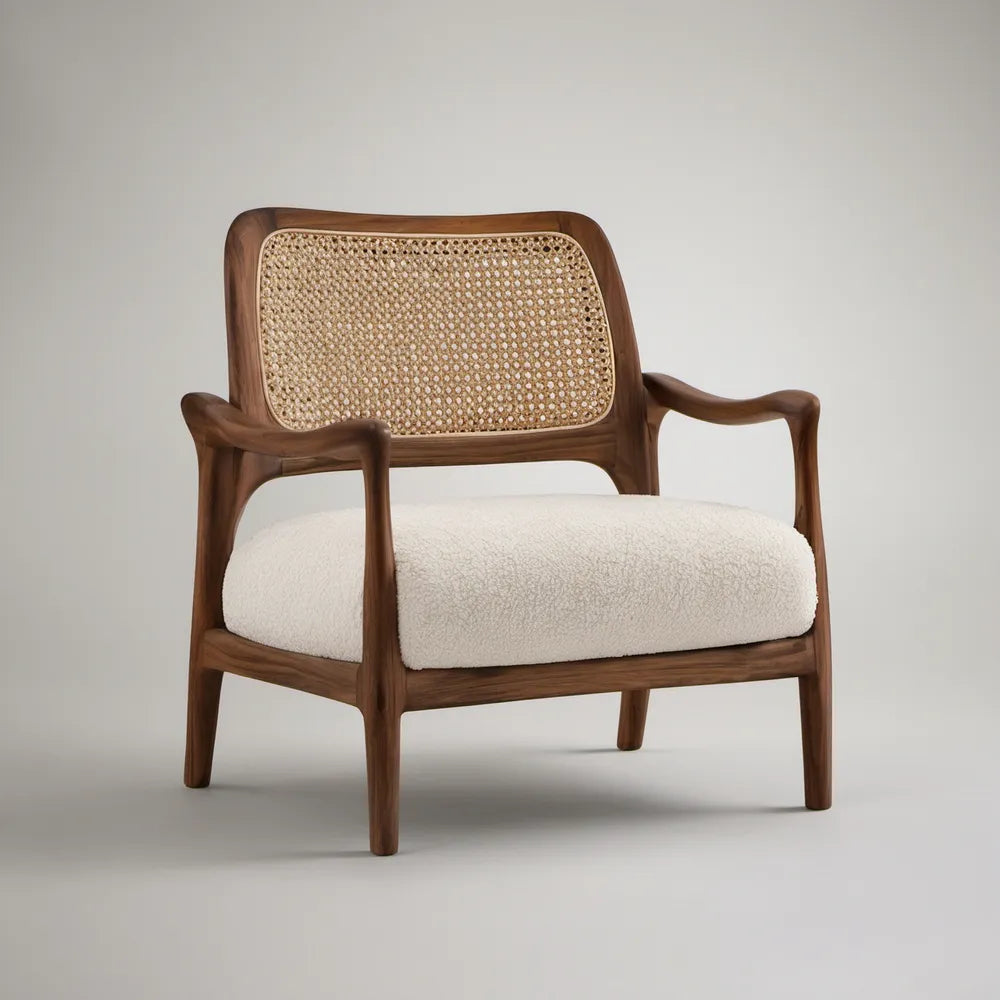Poltrona com Braços em Madeira de Nogueira e Rattan Natural, Castanho/Natural/Creme, 72 x 78 x 82 cm