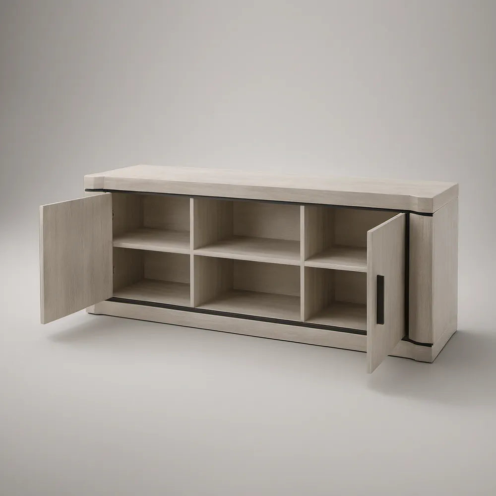 Móvel de TV em MDF com 2 portas e 6 compartimentos, Carvalho Claro/Preto, 160 x 40 x 60 cm