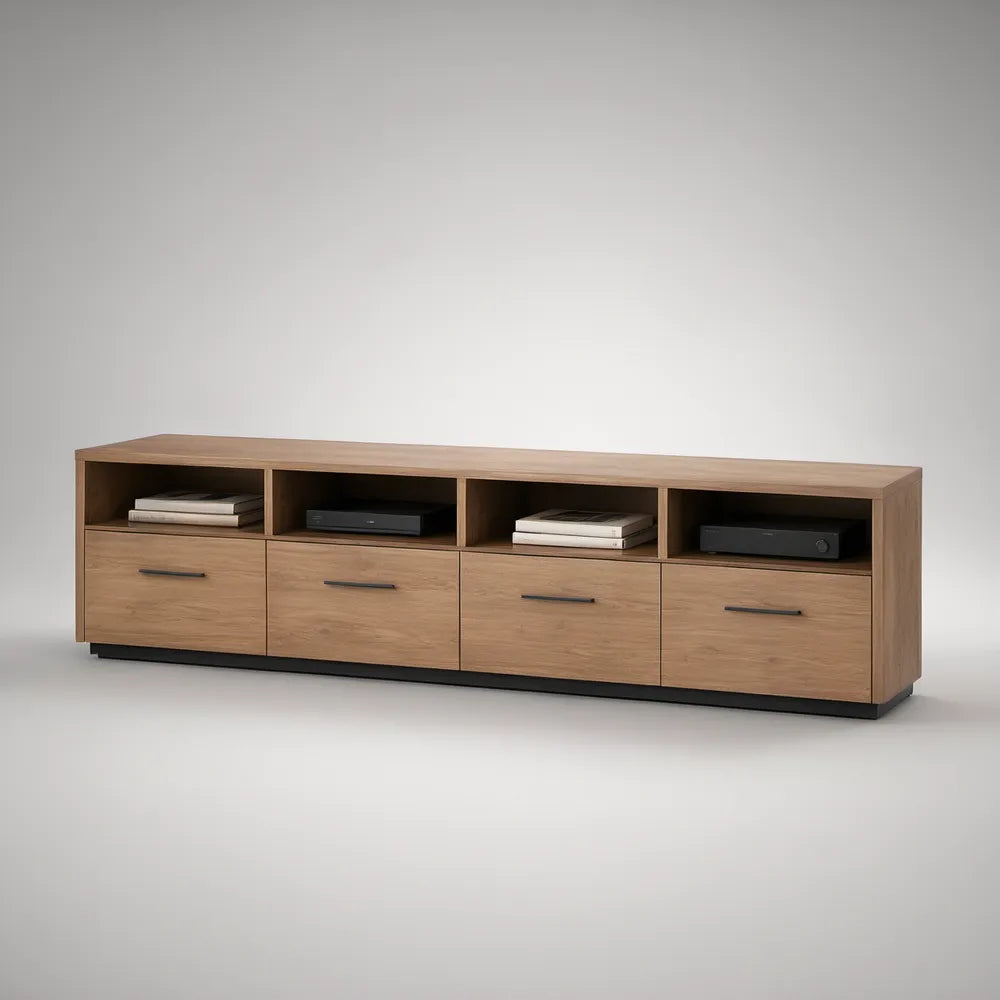 Móvel de TV em MDF com Acabamento Carvalho Natural e Preto, 200 x 40 x 60 cm