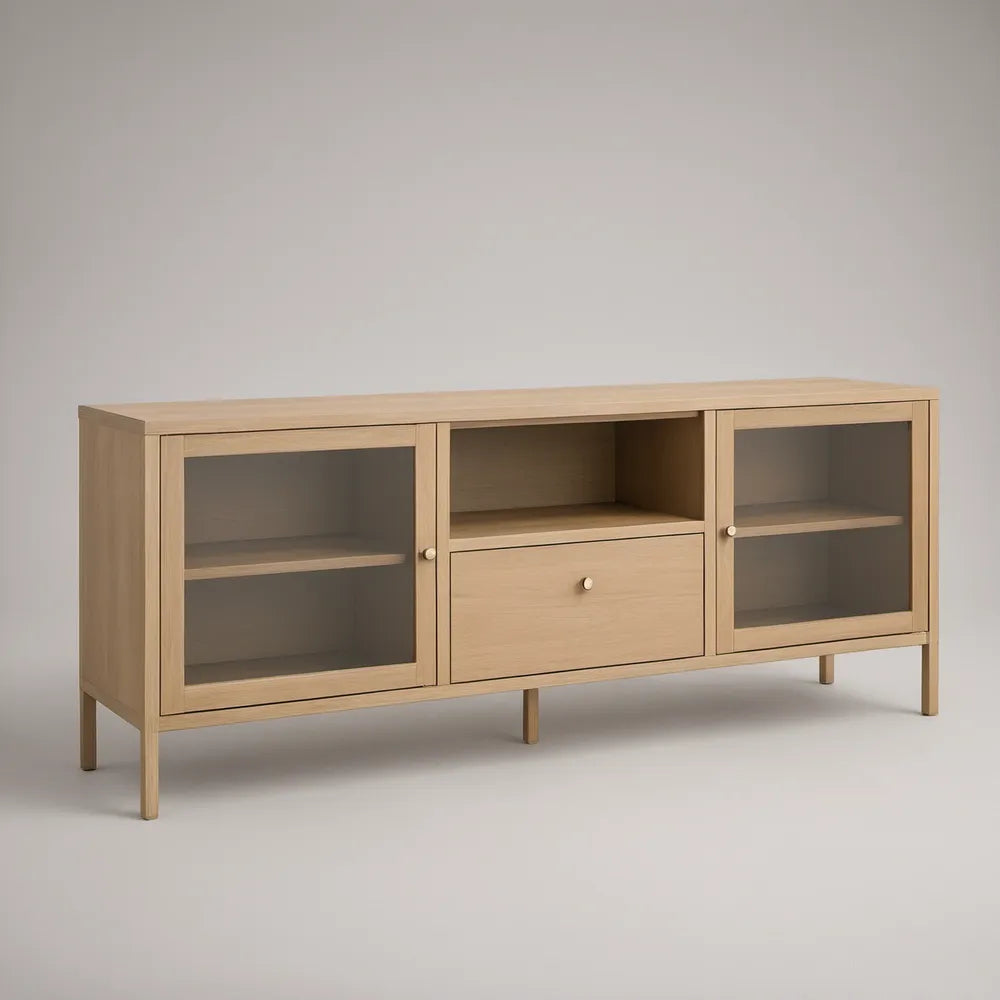 Móvel de televisão em MDF efeito carvalho natural com portas de vidro, 160 x 40 x 70 cm
