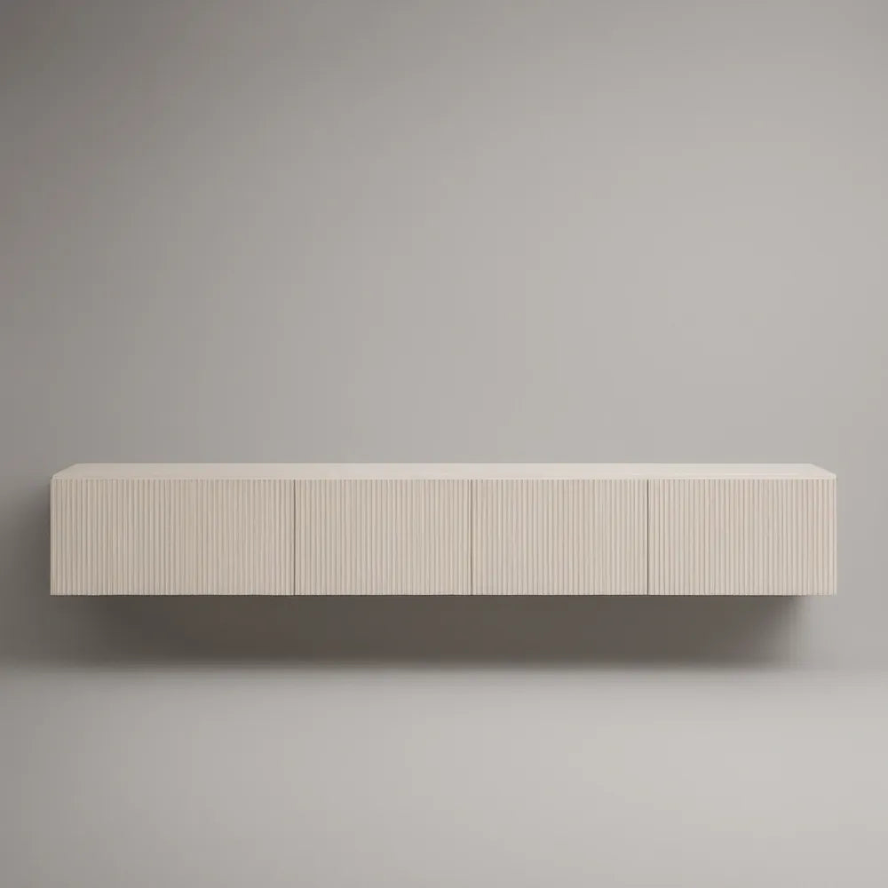 Móvel suspenso com 4 portas caneladas em MDF Branco Creme, 180 x 30 x 35 cm