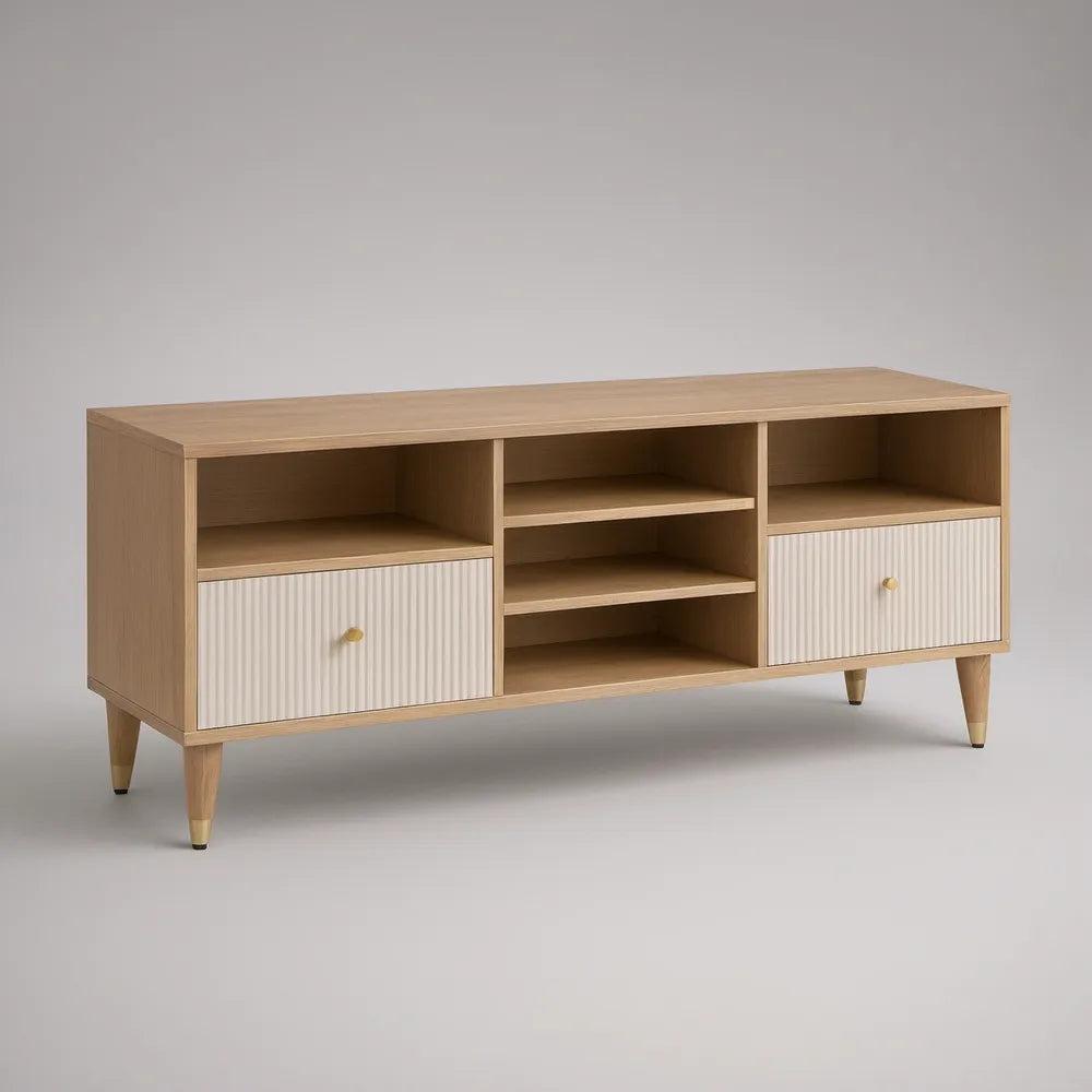 Móvel de TV 160 x 40 x 65 cm em Bege, Branco e Dourado com 2 Portas e Prateleiras