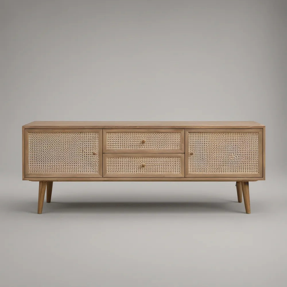 Móvel de TV em Madeira Maciça e Vime Natural Bege, 160 x 40 x 70 cm, com 2 Portas e 2 Gavetas